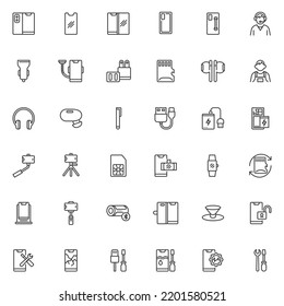 Mobile phone accessories line icons set. linear style symbols collection, outline signs pack. Smartphone repair service vector graphics. Set includes icons as screen protection glass, charger adapter