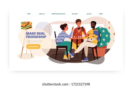 Mobile phone addicted multiracial friends meet in cafe for coffee. Smartphone addiction concept illustration. Vector web site design template. Landing page website illustration.