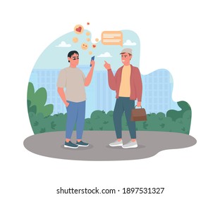 Mobile phone addiction 2D vector web banner, poster. Social media obsession. Smartphone addict. Men talking flat characters on cartoon background. Bad habit printable patch, colorful web element