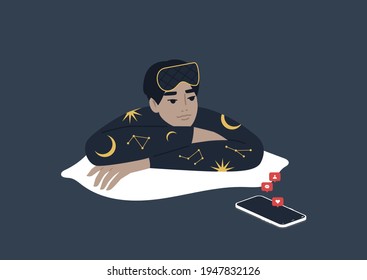 A mobile phone addiction concept, a young male Asian character using their smartphone at night instead of sleeping