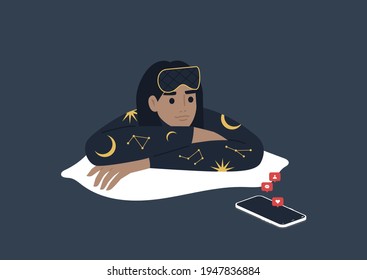 A mobile phone addiction concept, a young female character using their smartphone at night instead of sleeping