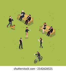 Mobile phone addiction - people using cellphone at park isometric 3d vector illustration concept for banner, website, illustration, landing page, template, etc