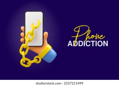 Anuncio de Web 3D del Vector de la adicción del teléfono móvil aislado en fondo oscuro. Concepto de mal hábito de Doomscrolling. Smartphone en mano, pantalla conectada con cadena