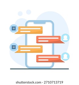 Mobile phone with AI chatbot for customer service, smart digital support platform, automated messaging, virtual assistant interface, online communication, flat modern vector design.