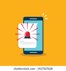Mobile phone alarm. Alert file icon or caution message. Smartphone notification with danger siren flasher. Risk, attention, warning or safety concept. Flat style vector illustration.
