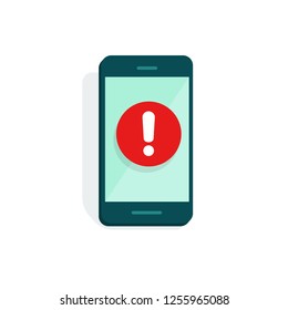 Mobile phone alarm notice or alert sign vector icon, flat cartoon smartphone screen, exclamation sign, danger risk message content, cellphone error notification, malware attack, attention notification