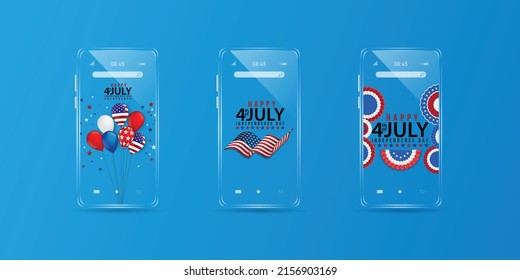 Mobile phone american flag illustration for america united states national day 4th july with blue background