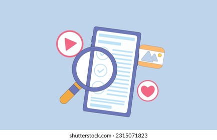 Mobile phone analyzing with social icon, Searching image and video files in database concept, document management. showcase magnifying analyzing icon.