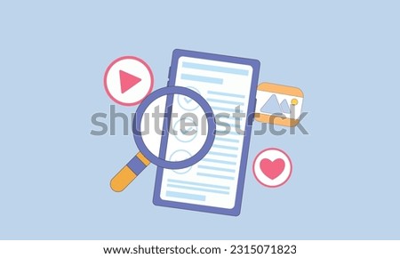 Mobile phone analyzing with social icon, Searching image and video files in database concept, document management. showcase magnifying analyzing icon.