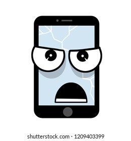 Mobile phone with angry face. Negative emotions on the display.The discontent of the gadget. The problem with broken equipment. Work service center. Cartoon flat illustration
