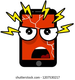 Mobile phone with angry red face. Negative emotions on the display.The discontent of the gadget. The problem with broken equipment. Work service center.
