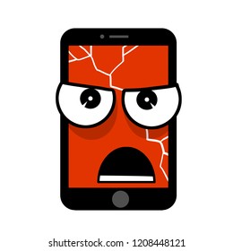 Mobile phone with angry red face. Negative emotions on the display.The discontent of the gadget. The problem with broken equipment. Work service center. Cartoon flat illustration
