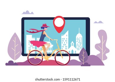 Mobile phone app for bicycle sharing with an urban location marker displayed on the screen and a stylish young woman cycling past the phone in a summer outfit, vector illustration