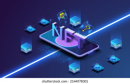 A mobile phone with an app for buying NET pictures, neon psychedelic character. NFT token in blockchain. NFT is an irreplaceable token, cryptographic art on the background of the phone. Page Template