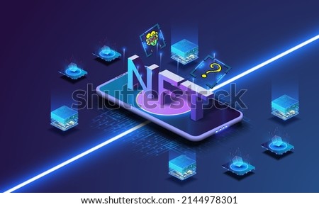 A mobile phone with an app for buying NET pictures, neon psychedelic character. NFT token in blockchain. NFT is an irreplaceable token, cryptographic art on the background of the phone. Page Template