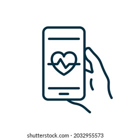 Mobile Phone App for Control Heartbeat Line Icon. Training and Control Heart Beat on Smartphone Pictogram. App Bpm Count for Cellphone Outline Icon. Editable Stroke. Isolated Vector Illustration.