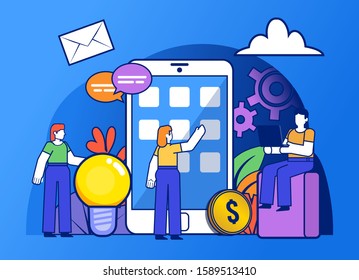 Mobile phone app creation process. Group of people or team stand near big phone. Poster for social media, web page, banner, presentation. Flat design vector illustration