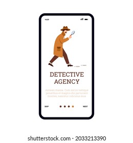 Mobile Phone App For Detective Agency With Professional Male Detective. Private Investigator Search Evidence For Solve Crime. Mystery Agent Or Spy Follow Tracks. Vector Illustration