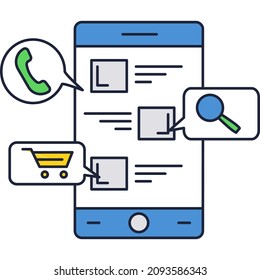 Smartphone-App-Symbol auf Vektorgrafik, einzeln auf weißem Hintergrund. Anwendung für Online-Shopping, Telefonkontakt, Browsersuche