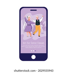 Mobile phone app interface design for elderly people dance classes, vector illustration on lilac background. Couple of dancing senior people cartoon characters.