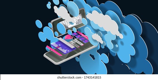 Mobile phone with an app interface flies into blue clouds from circles. Vector banner