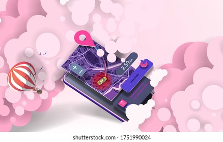 Mobile phone with a mobile app interface with maps in pink clouds. Vector banner