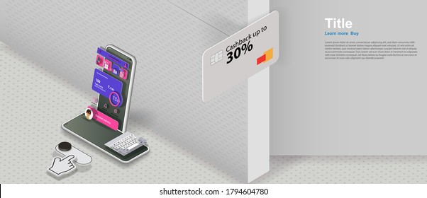 A mobile phone with a mobile app interface in space and a three-dimensional cursor with a button. Vector banner