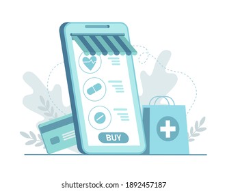 Mobile phone app for internet pharmacy shopping with card. Health care application on smartphone. Medical support online, delivery on quarantine. Farmacy online  concept. Vector flat illustration.