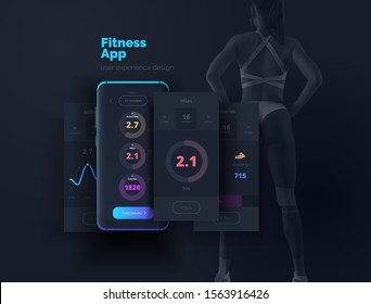 Mobile phone with app layout for sports, healthy lifestyle. Layout of a mobile application with diagrams, statistics, results. Development of a mobile fitness app. Vector illustration.