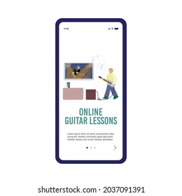 Mobile phone app for learning or creating video online music lesson. Male musician or student play on electric guitar near screen of computer. Home education or leisure. Vector.