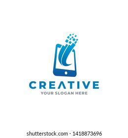 Mobile phone app logo icon design template. Smartphone creative sign. Phone Launch logo designs vector, Mobile Rocket logo template.