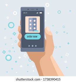 Mobile phone app on grey backdrop. Antibiotics online order for social banner, web element, health care promo, medical poster. Online chemist shop or info card. Flat style stock vector illustration
