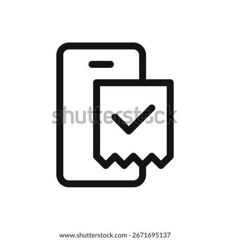 Mobile phone app with paper receipt outline icon, virtual queuing system line vector symbol with editable stroke