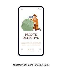 Mobile phone app for private detective agency. Investigator or spy with camera is spying surveillance crime characters. Flat cartoon vector illustration.