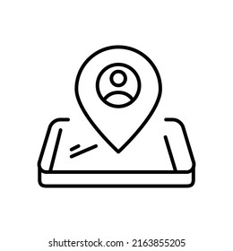 Ubicación de uso compartido de aplicaciones de telefonía móvil. Mapas o servicio de pedidos de taxi. Icono de línea de trazo de píxeles perfecto, modificable