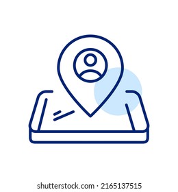 Ubicación de uso compartido de aplicaciones de telefonía móvil. Mapas o servicio de pedidos de taxi. Icono de línea de dibujo de píxeles perfecto, modificable