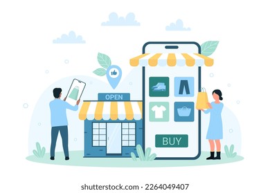 Aplicación de teléfono móvil para la ilustración vectorial de la compra. Pequeñas personas caricaturistas con smartphone compran ropa y zapatos de moda en el catálogo de tienda minorista en línea, productos de búsqueda en la categoría de mercado y ventas