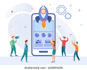 Mobile phone app start up concept vector illustration. Businessmen, teamwork are happy and exult successful launch.