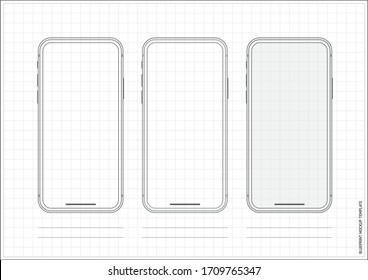 Mobile Phone App UI Wireframe Grid A4 Template Blueprint On White Background Display Mockup Similar To IPhone Samsung Google Huawei Smartphone