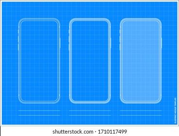 Mobile Phone App UI Wireframe Grid A4 Template Blueprint on Blue Background Display Mockup similar to iPhone Samsung Google Huawei Smartphone