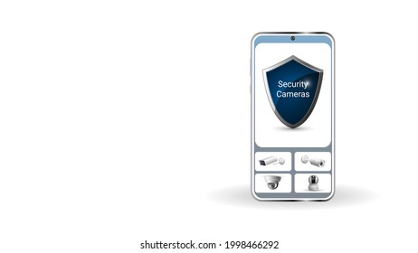 Mobile phone with an app for video surveillance systems. Realistic CCTV camera. Protective shield on the smartphone screen. Safety preservation concept. 3d vector. Mockup on white background