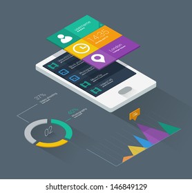 Mobile Phone Application For Analytics. User Interface With Infographics With Charts And Graphs In Flat Design.