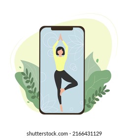 Mobile phone with application for doing yoga online flat vector isolated. Woman doing yoga flat vector illustration