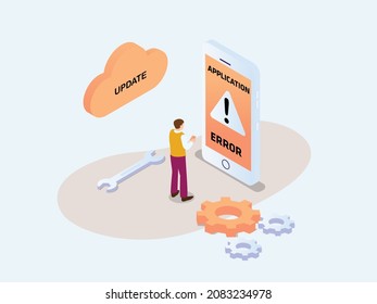 Mobile phone application error vector concept. Man character looking at mobile phone with application error warning sign. 3D isometric design