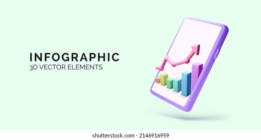 Mobile phone or application with graph and arrow up. Financial investment trade. Bank deposit and finance profit or investment. 3D vector illustration