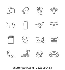 mobile phone application interface line icon set with speech bubble, paper plane, keyboard, map pin, gsm