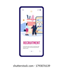 Mobile phone application page design for HR recruitment with cartoon people, flat vector illustration. Onboarding screen for job searching and hiring new staff.