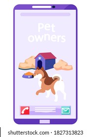 Mobile phone application for pet owners to socialize get information and share photos of cats dogs or other animals. Modern app for smartphone to find an owner for homeless puppies at the shelter