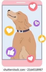 Mobile phone application, social media for pet owners. Program for sharing photos of cats and dogs. Modern app for smartphone, social network for pets. Dog selfie with likes and comments on screen