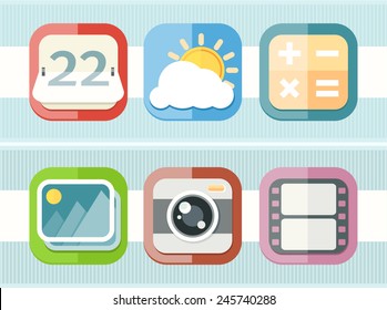 Mobile phone applications icons set of calculator weather calendar camera video in flat design isolated on stylish background